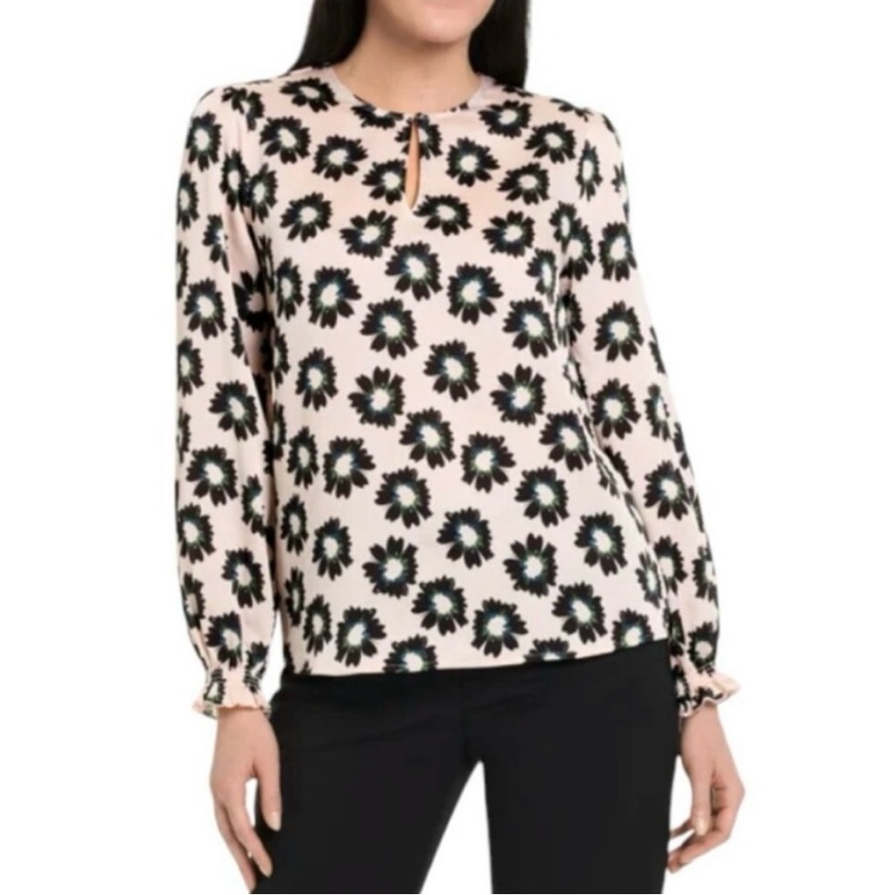 TED BAKER Pale Blush Pink Floral Pattern Keyhole Neck Peasant Sleeve Blouse